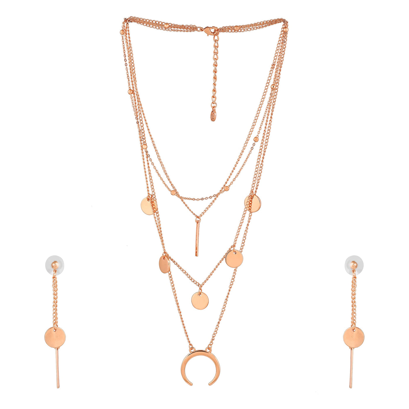 Estele Rose Gold Plated Layer Designer Necklace with Earrings for Girls and Women