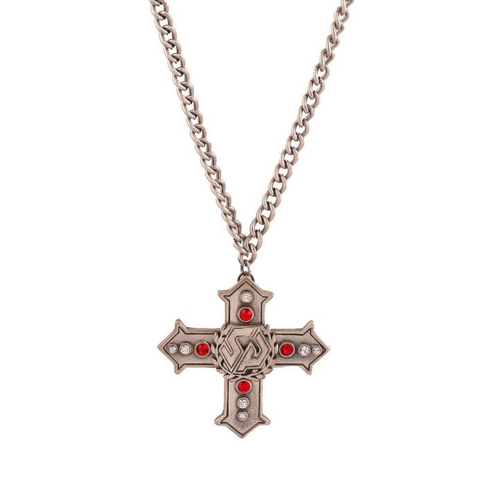 Estele Tin Oxidised Plated Cross Designer Pendant Necklace with Red & White Stone for Women