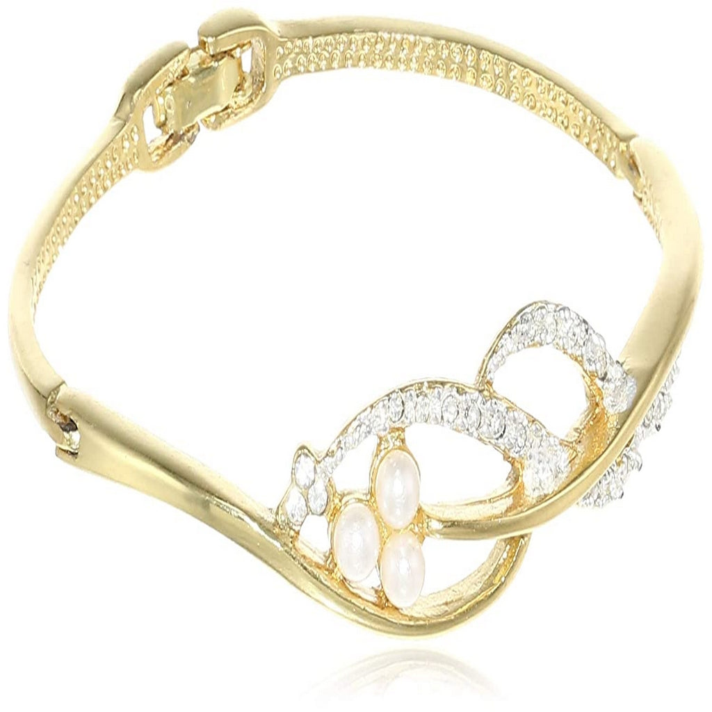 Estele Gold and Silver Plated Pearl 3 Petal Crystal Wave Cuff Bracelet for women