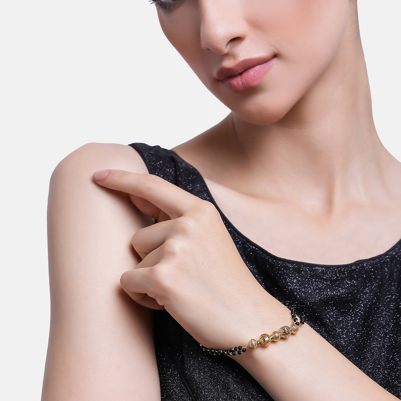 Estele Gold Plated Macrame Bracelet with Black Beads for Women