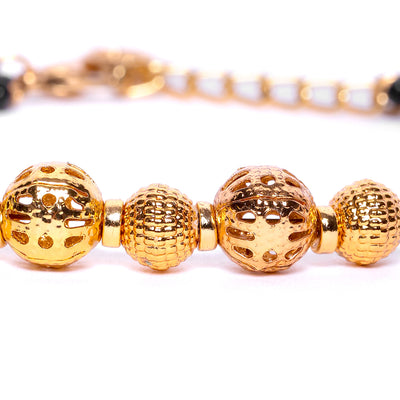 Estele Gold Plated Macrame Bracelet with Black Beads for Women