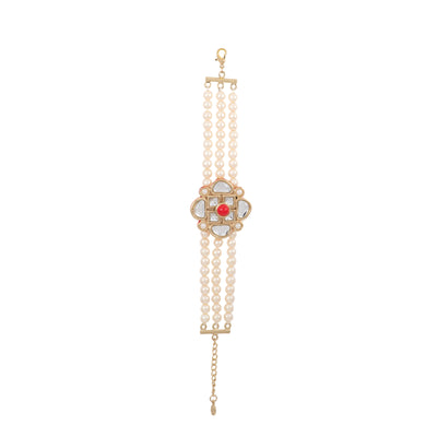 Traditional Gold Tone Kundan Coral Pearl Three strand Wrap bracelet