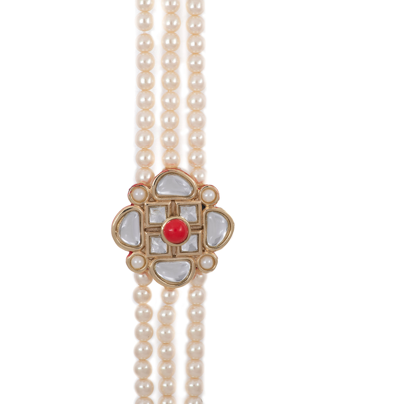 Traditional Gold Tone Kundan Coral Pearl Three strand Wrap bracelet