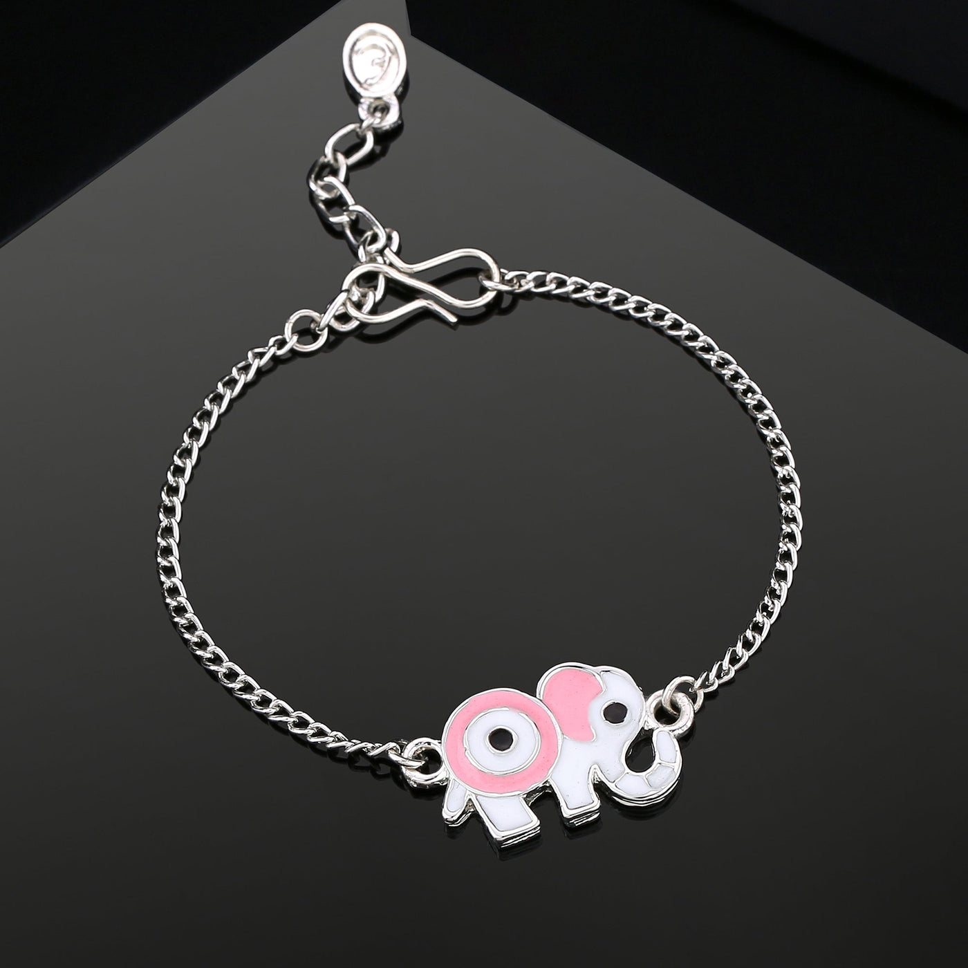 Estele Rhodium Plated Evil Eye Elephant Charm Pink & White Bracelet