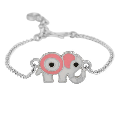 Estele Rhodium Plated Evil Eye Elephant Charm Pink & White Bracelet