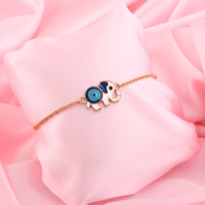 Estele Rose Gold Plated Evil Eye Elephant Navy Blue & White Charm Bracelet