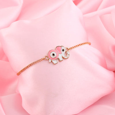 Estele Rose Gold Plated Evil Eye Elephant Charm Pink & White Enamel Bracelet