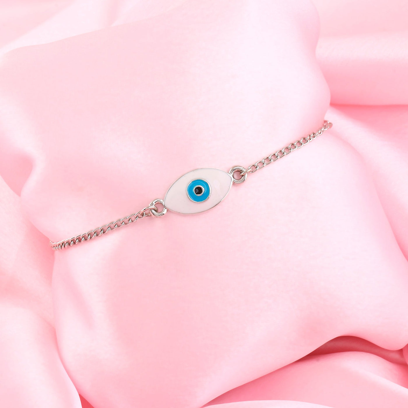 Estele Rhodium Plated Spiritual Evil Eye White & Blue Enamel Charm Bracelet