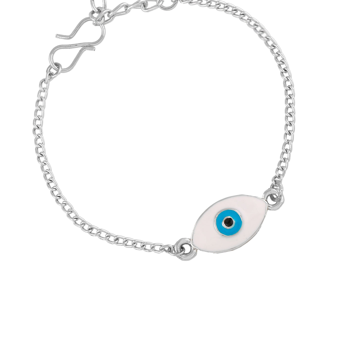 Estele Rhodium Plated Spiritual Evil Eye White & Blue Enamel Charm Bracelet