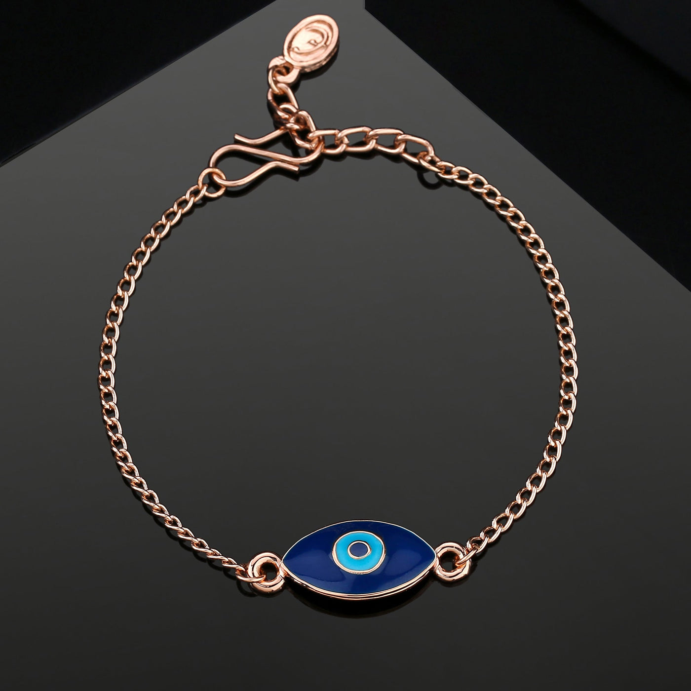 Estele Rose Gold Plated Auspicious Navy Blue Enamel Evil Eye Charm Bracelet