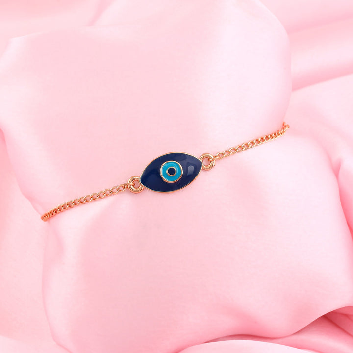 Estele Rose Gold Plated Auspicious Navy Blue Enamel Evil Eye Charm Bracelet