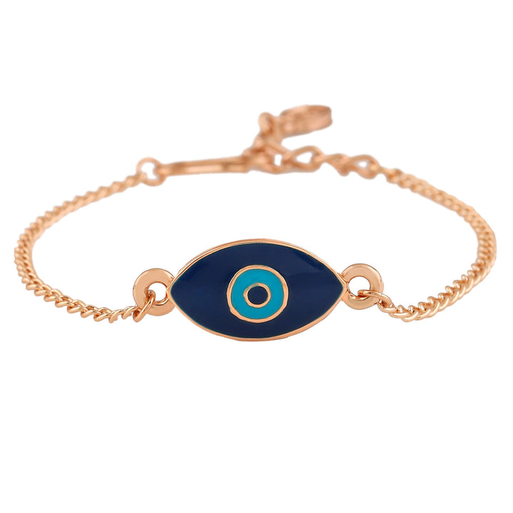 Estele Rose Gold Plated Auspicious Navy Blue Enamel Evil Eye Charm Bracelet