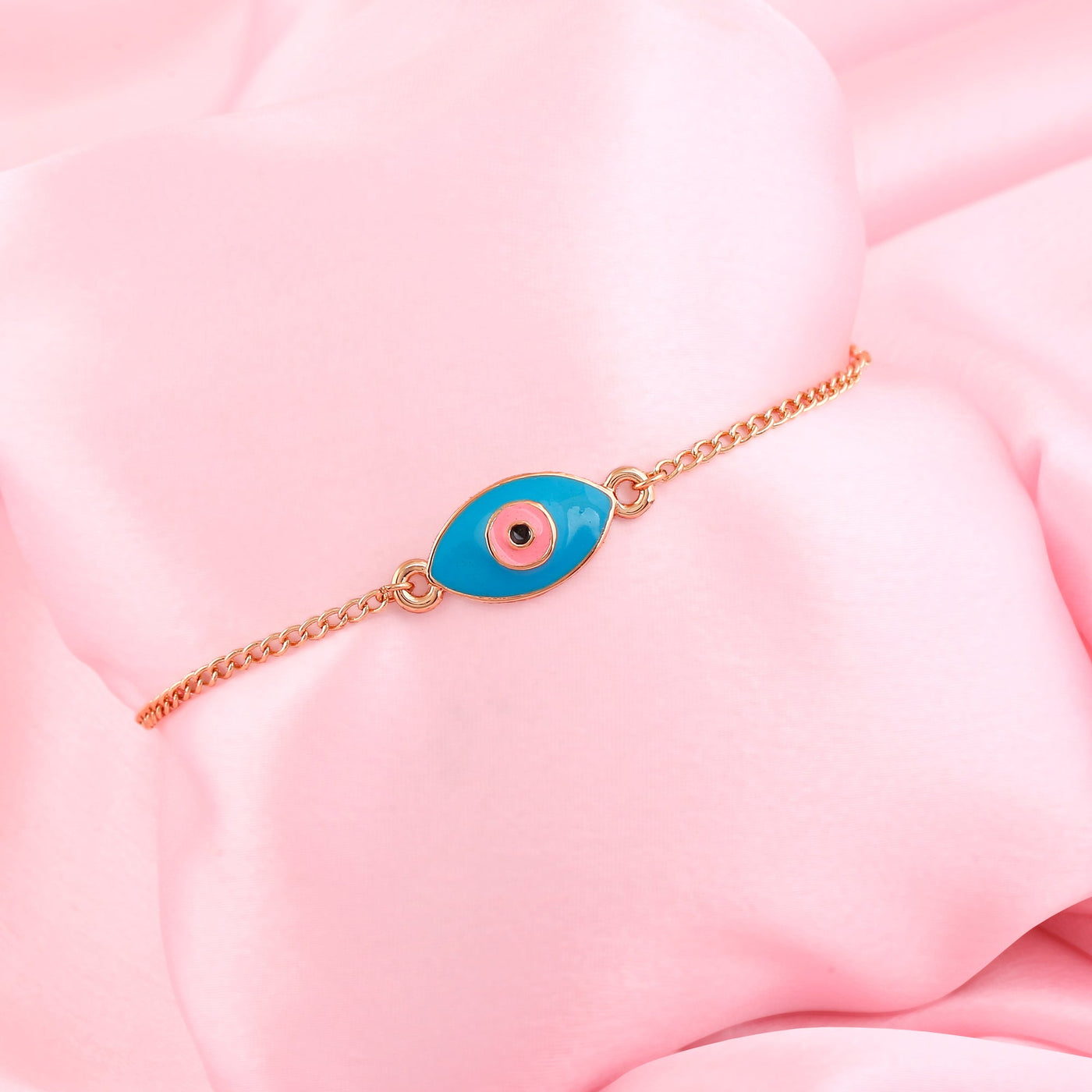 Estele Rose Gold Plated Turquoise Blue Evil Eye Pink Enamel Charm Bracelet