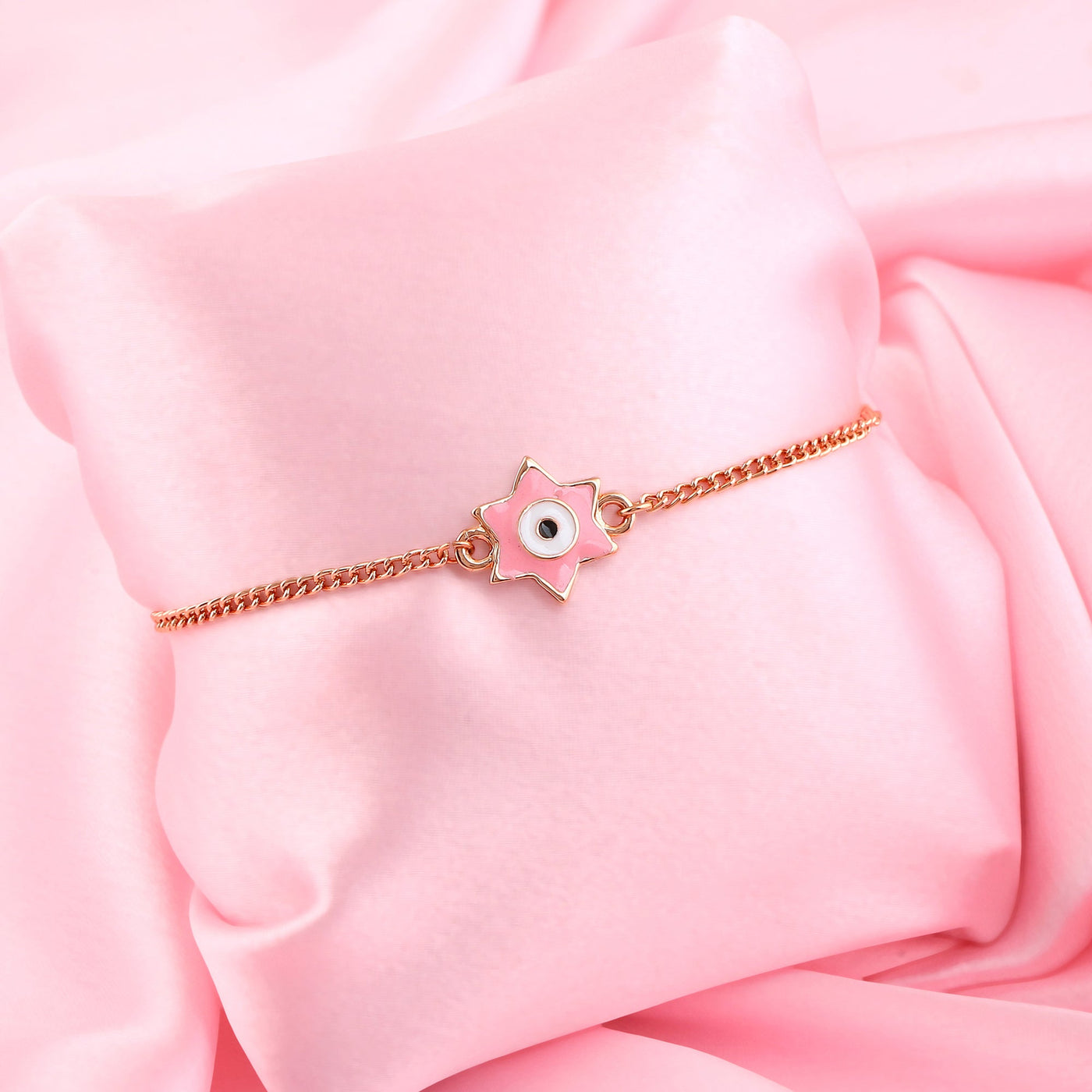Estele Rose Gold Plated Star Designer Evil Eye Charm Pink Enamel Bracelet