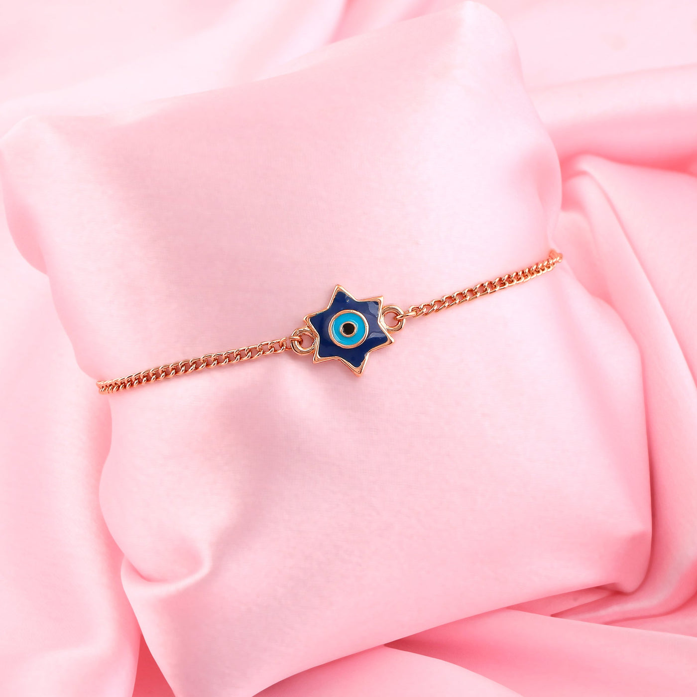 Estele Rose Gold Plated Elegant Star Design Evil Eye Navy Blue & Enamel Charm Bracelet