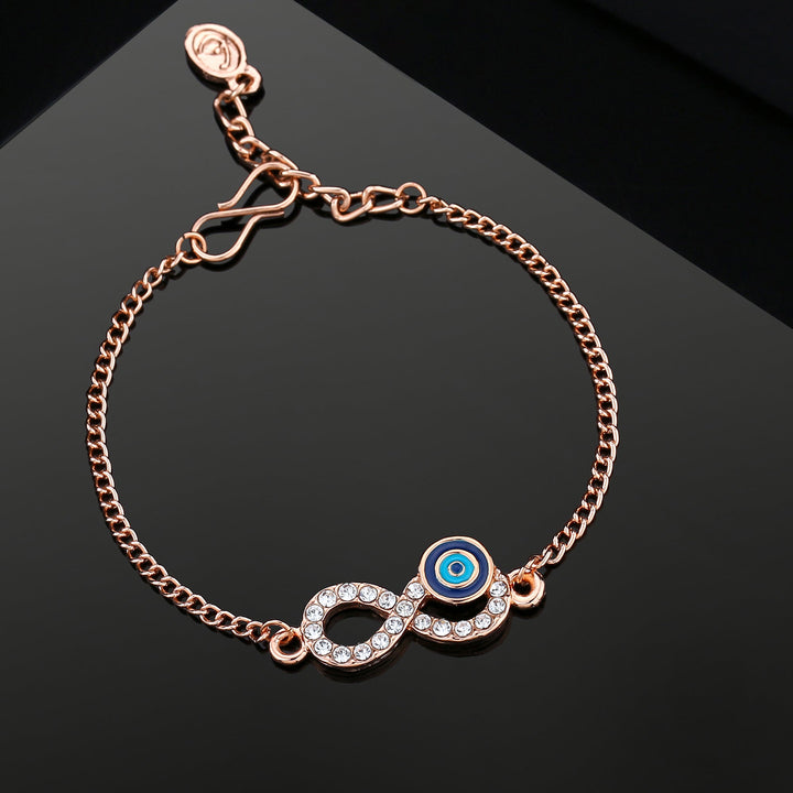 Estele Rose Gold Plated Navy Blue Evil Eye Infinity Charm Bracelet with Austrian Crystals