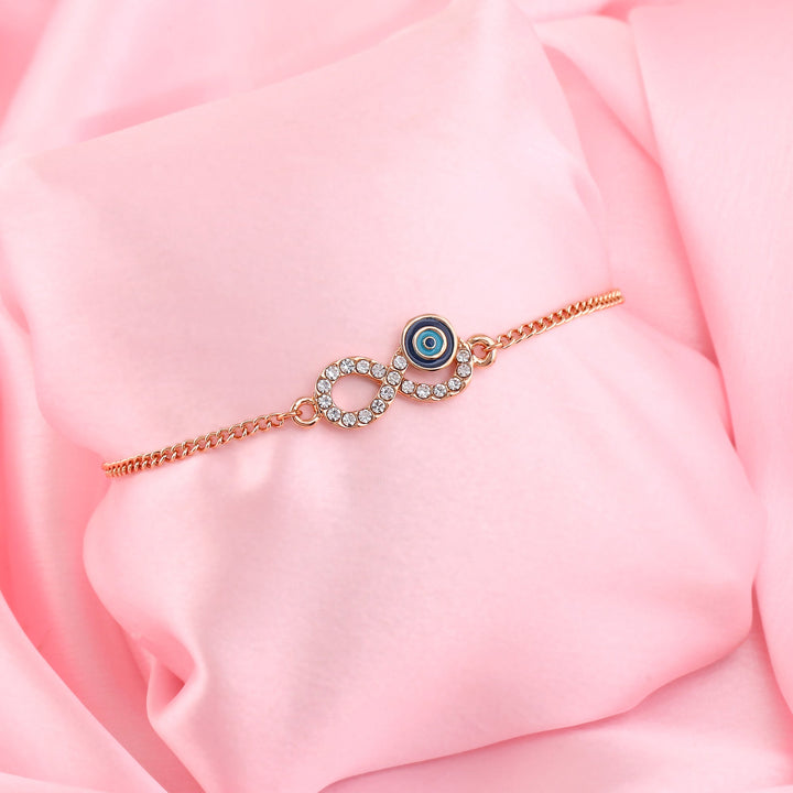 Estele Rose Gold Plated Navy Blue Evil Eye Infinity Charm Bracelet with Austrian Crystals