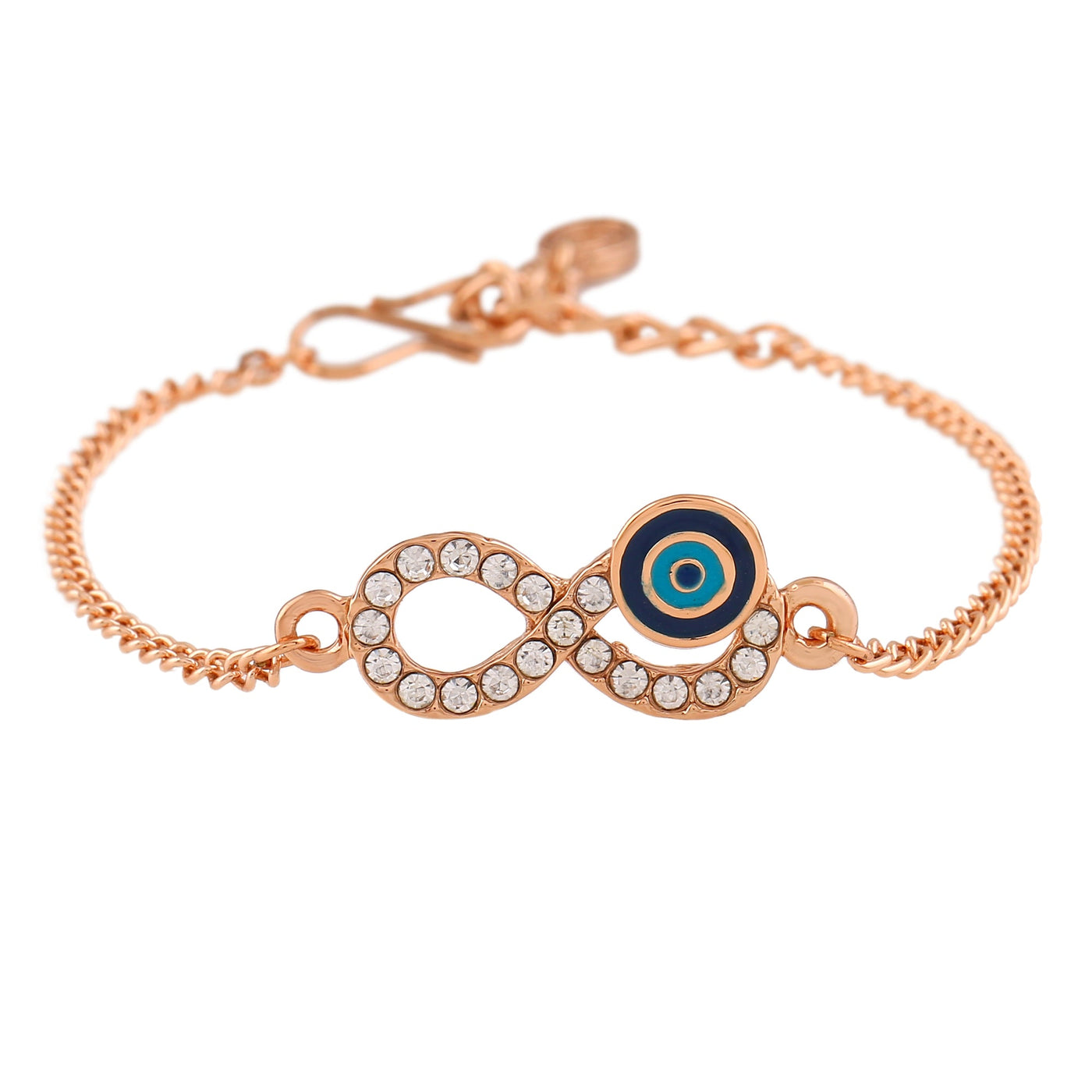 Estele Rose Gold Plated Navy Blue Evil Eye Infinity Charm Bracelet with Austrian Crystals