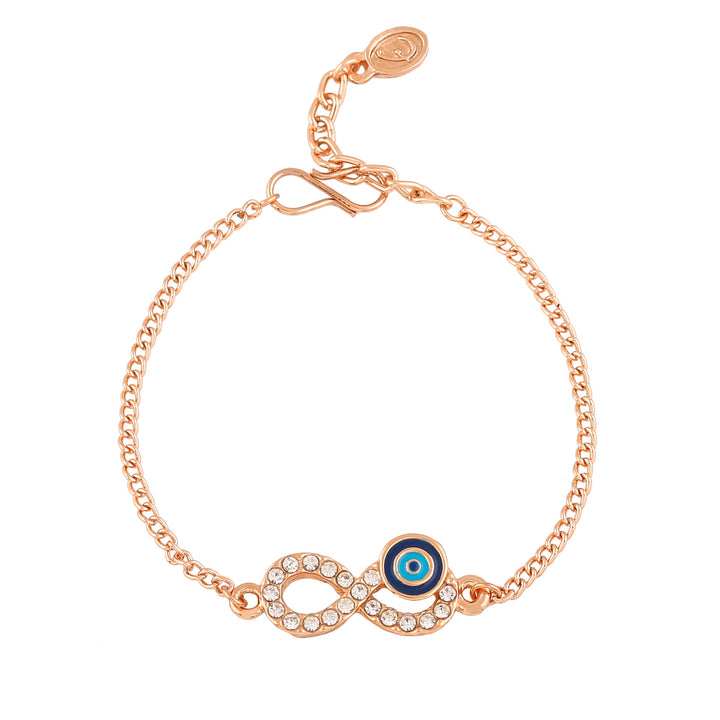 Estele Rose Gold Plated Navy Blue Evil Eye Infinity Charm Bracelet with Austrian Crystals