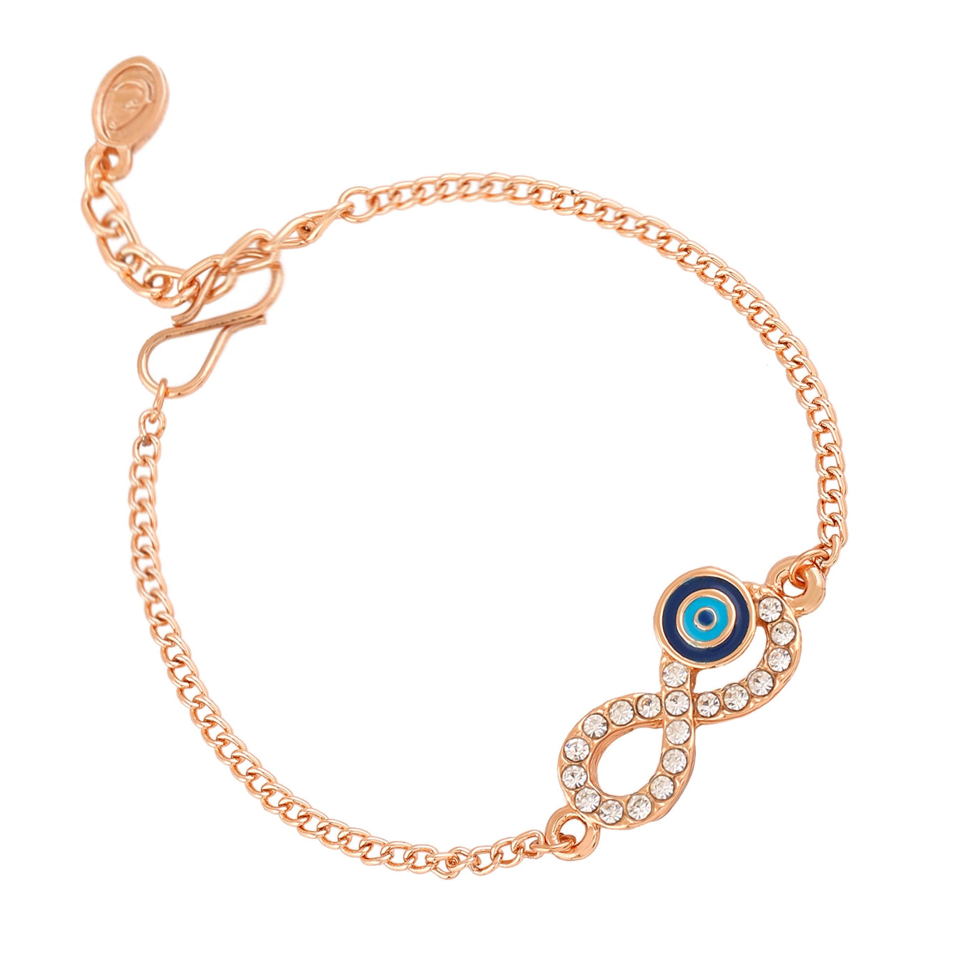 Estele Rose Gold Plated Navy Blue Evil Eye Infinity Charm Bracelet with Austrian Crystals