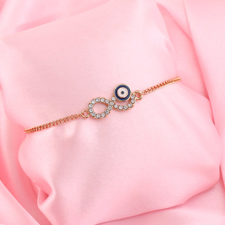 Estele Rose Gold Plated Austrian Crystals Navy Blue Evil Eye Infinity Charm Bracelet