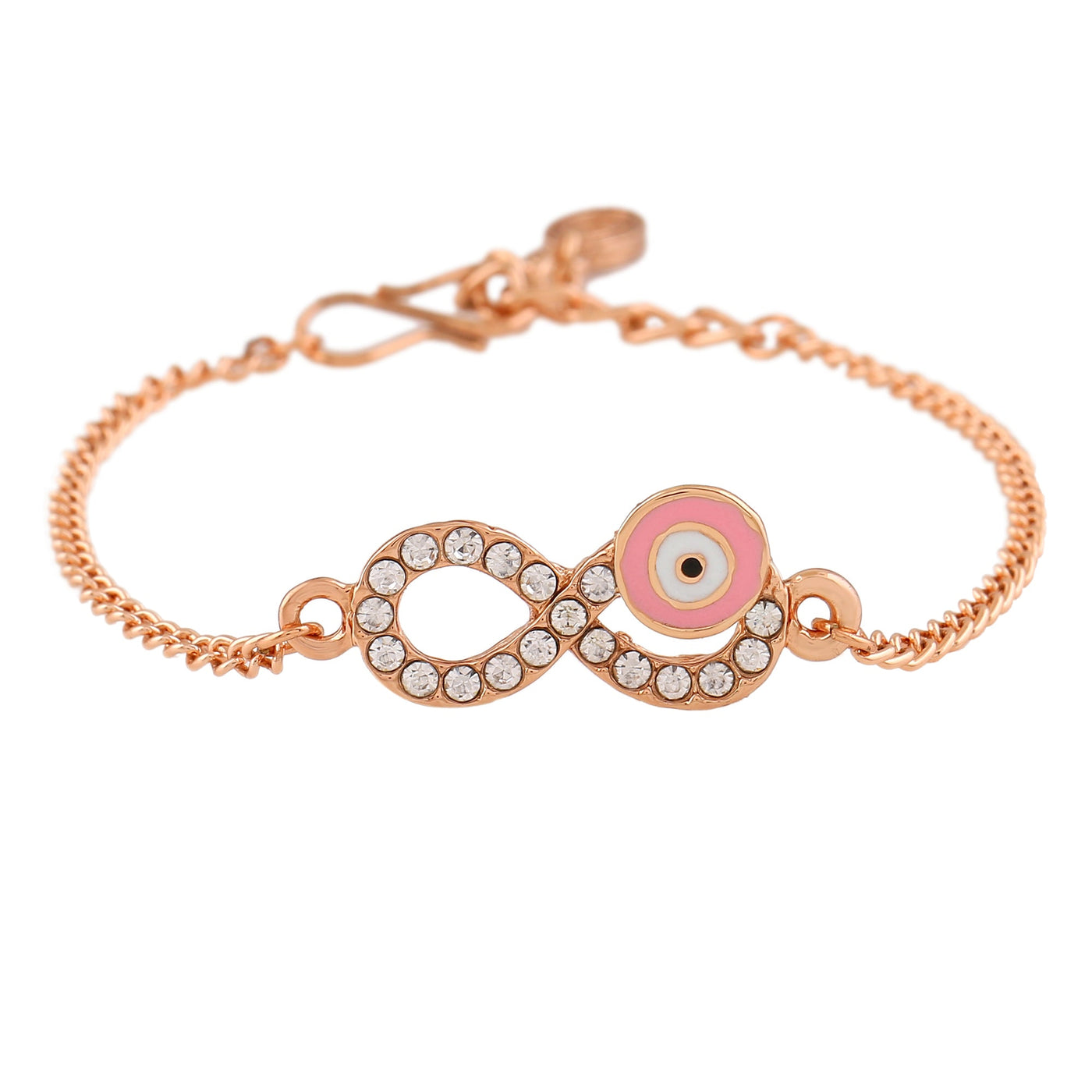 Estele Rose Gold Plated Pink Evil Eye Infinity Charm with Austrian Crystals Bracelet