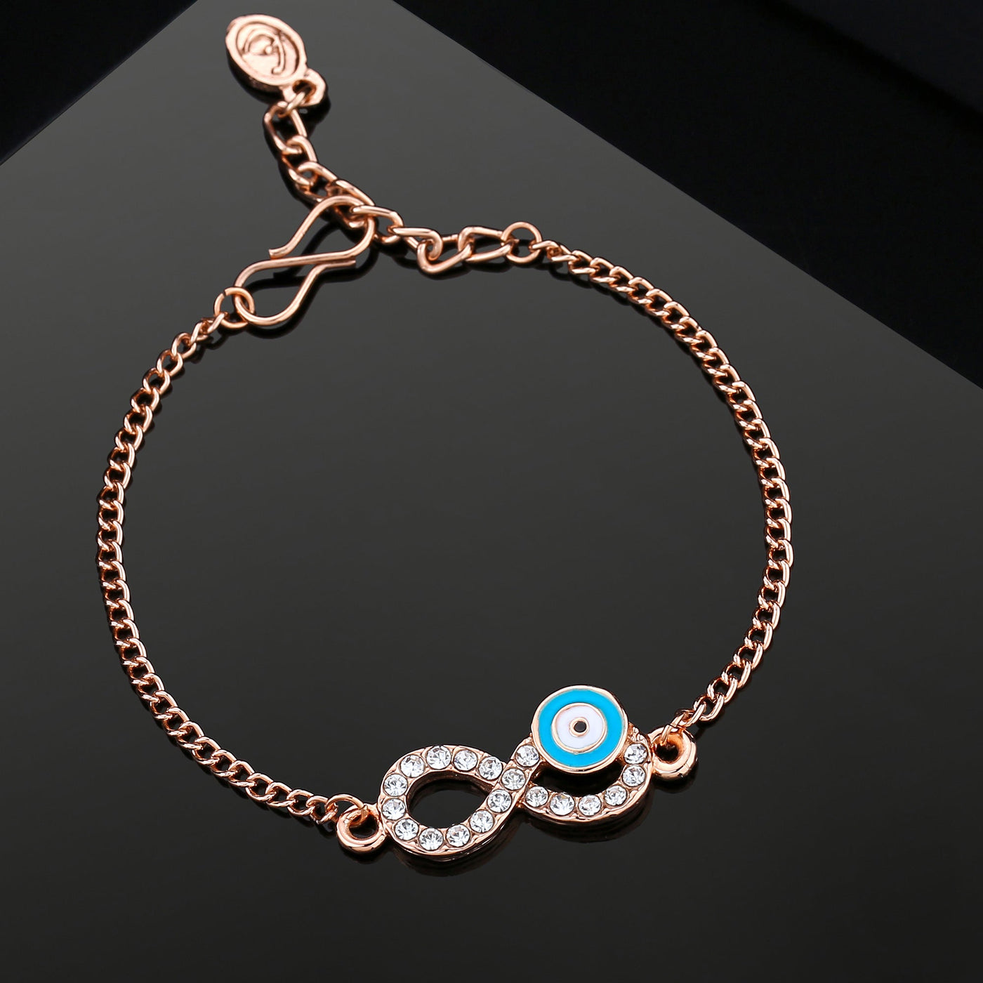Estele Rose Gold Plated Evil Eye Infinity Charm Bracelet with Austrian Crystals