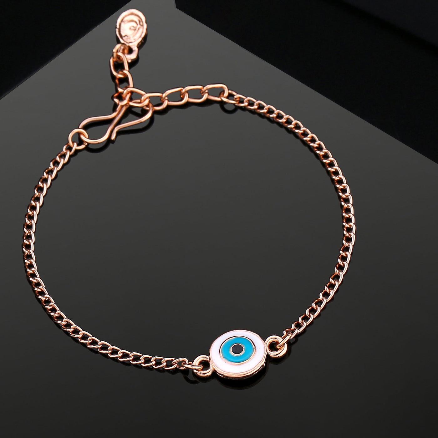 Estele Rose Gold Plated Classic Turquoise Blue Evil Eye White Enamel Charm Bracelet
