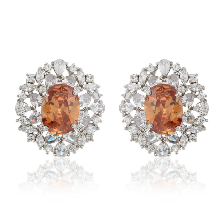 Estele Rhodium Plated CZ Flower Topaz Stud Earrings for Women