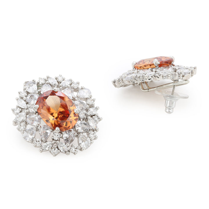 Estele Rhodium Plated CZ Flower Topaz Stud Earrings for Women
