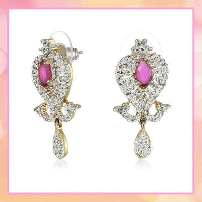 Estele Gold Plated American Diamond Ruby Leaf  Drop Earrings for women