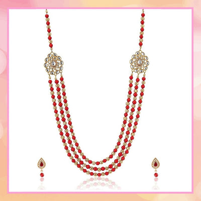 Estele - 24 kt Red Stones and White Pearls 3 layer Haar with Jadau
