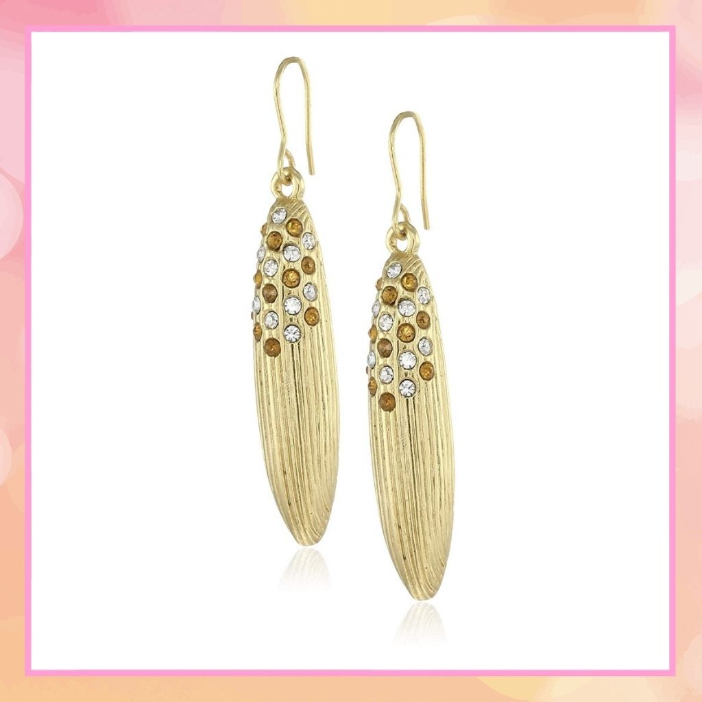 Estele Gold Plated Ribbed Marquise Crystal studded Drop Earrings for women
