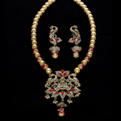 Estele Gold Plated Antique Laxmi Devi & Peacock Textured Pearl Necklace Set with Austrian Crystals,Ruby stones & Ruby Beads for Women