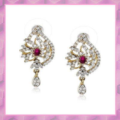 Estele  Gold and Silver Plated American Diamond Ruby Paisley Drop Earrings for women