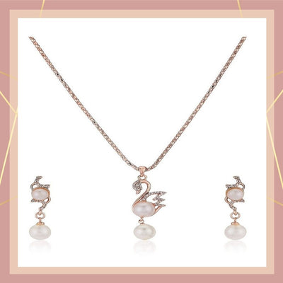 Estele 24 Kt Rose Gold Plated CZ Pearl Swan  Chain Necklaces