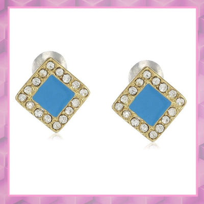 Estele Gold Plated Blue Enameled, White Crystal Stud Earrings for women