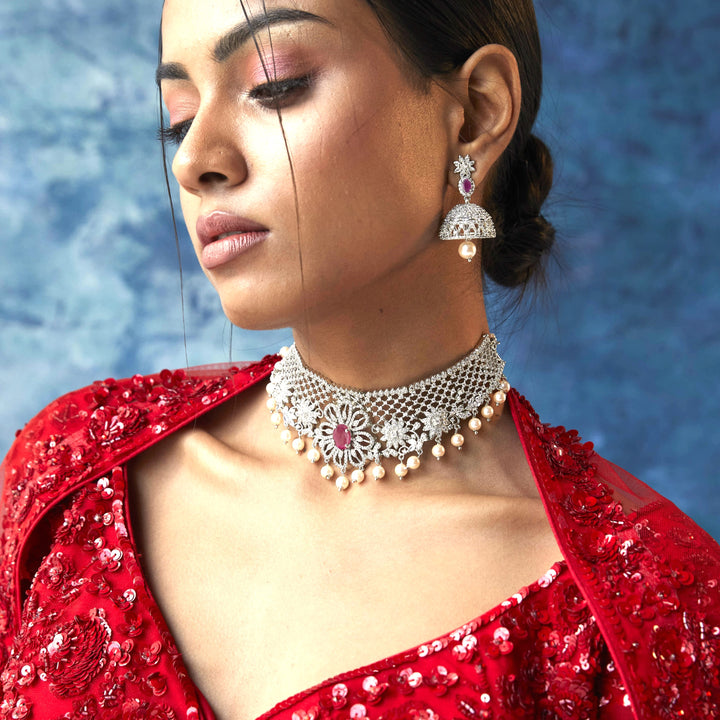 Estele Rhodium Plated CZ Floral Design Bridal Choker with Pearls & Color Stones for Women