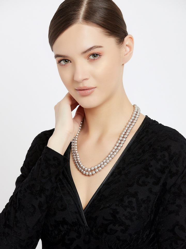 Estele Rhodium Plated- Purple Pearl Double Line Necklace for Women