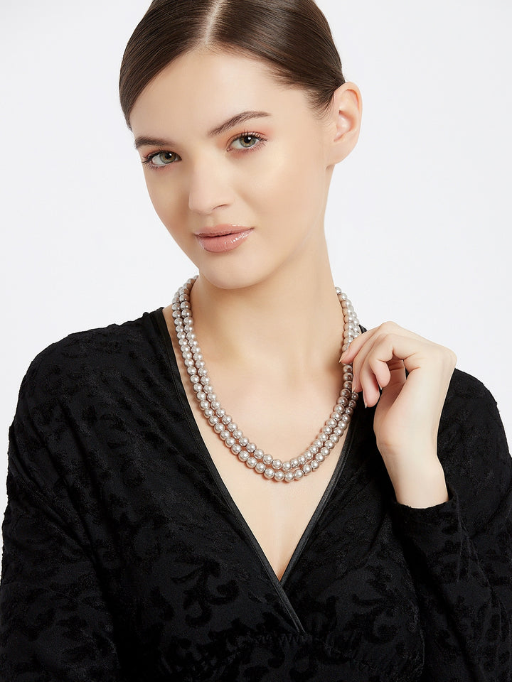 Estele Rhodium Plated- Purple Pearl Double Line Necklace for Women