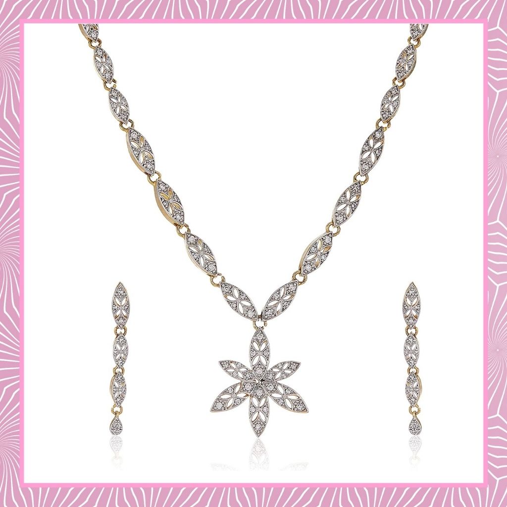 Estele American Diamond CZ Fashion Jewellery Set Pendant Earrings with Chain for Women