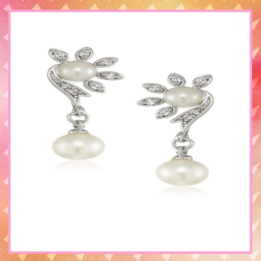 Estele 24 kt Rhodium Plated American Diamond Pearl flower Drop Earrings for women