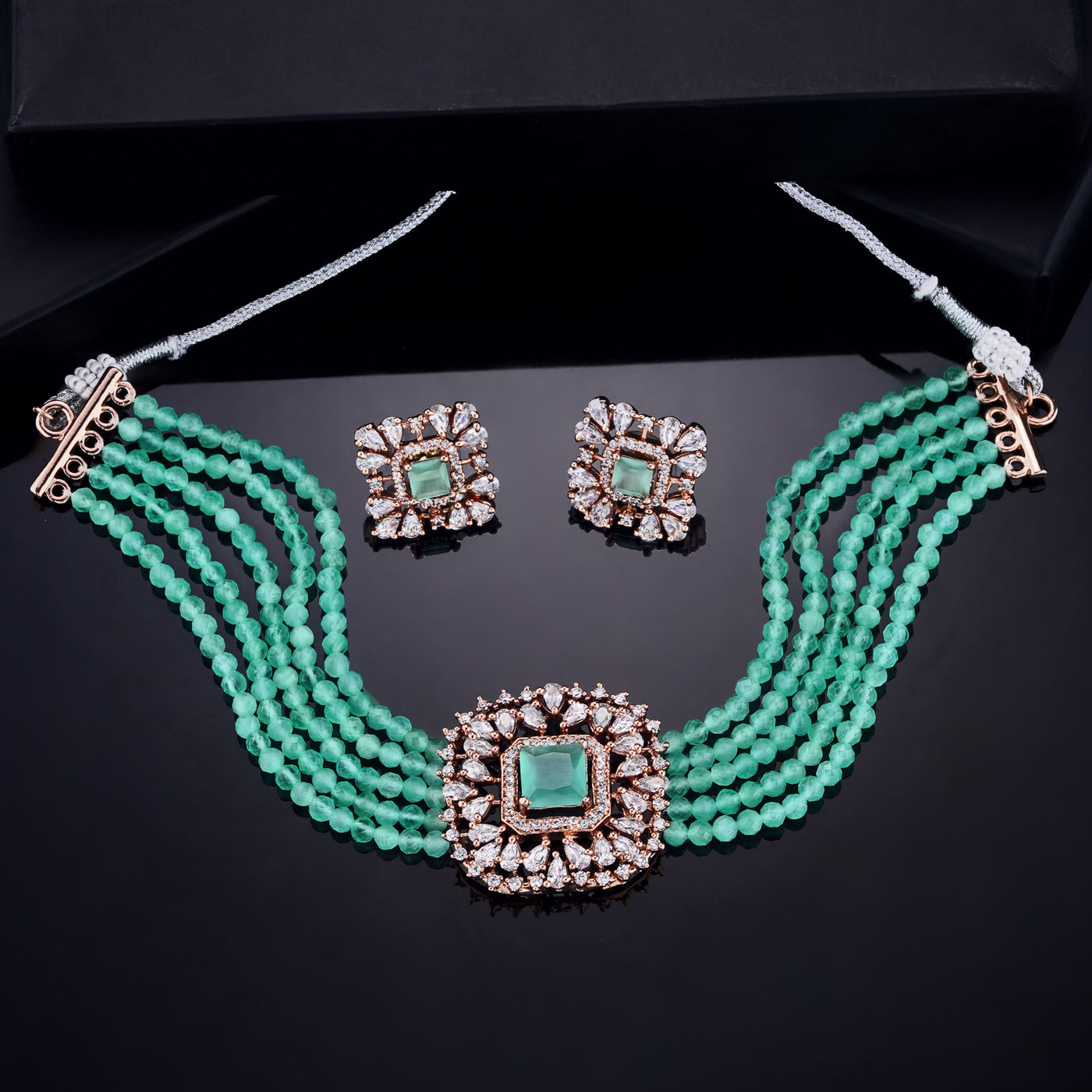 Estele Rose Gold Plated CZ Square Shaped Mint Green Choker Necklace Set for Women