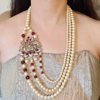 Estele Gold Plated Antique 3 Lines Pearl Necklace with Laxmi Devi & Peacock Finish Necklace Set with Austrian Crystals,Ruby stones  & Red Beads for Women