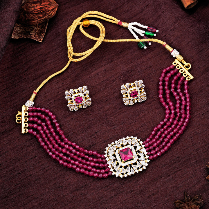Estele Gold Plated- Ruby Diamond and red beads Choker Square Necklace Set