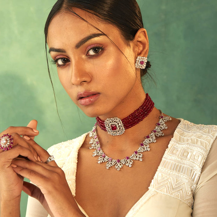 Estele Gold Plated- Ruby Diamond and red beads Choker Square Necklace Set