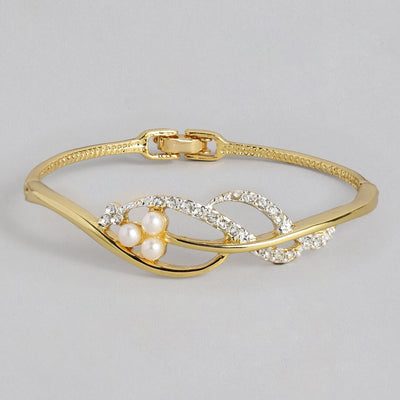 Estele Gold and Silver Plated Pearl 3 Petal Crystal Wave Cuff Bracelet for women