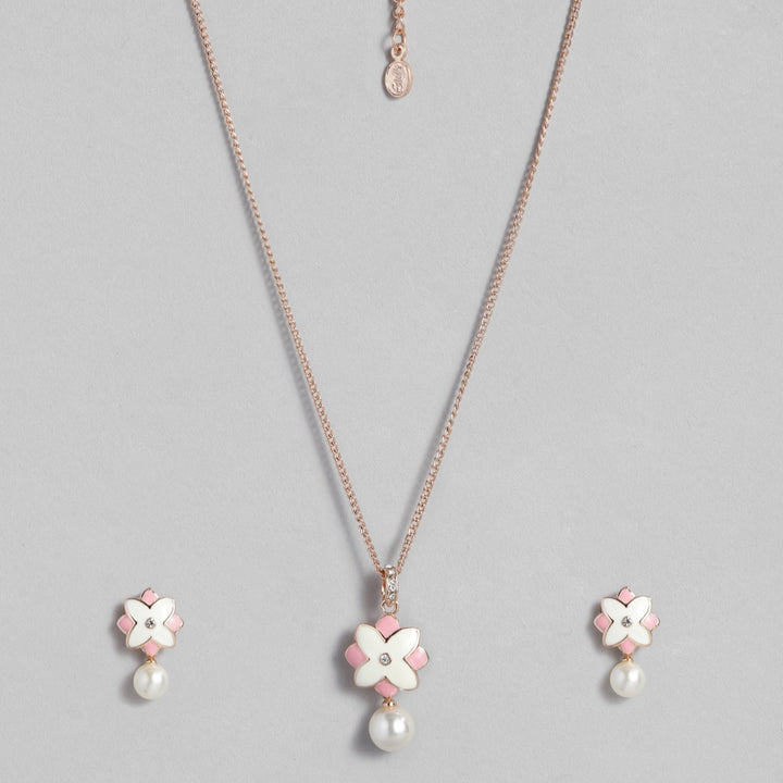 Estele Charming Rosegold Plated Floral Shaped Pearl Drop Pendant Set for Women / Girls