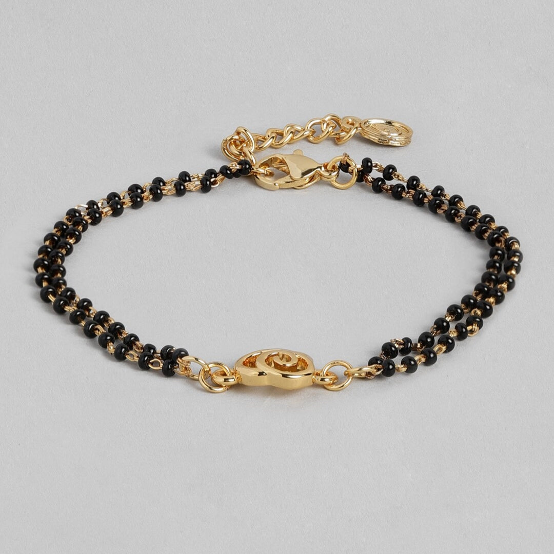 Estele Gold Plated Floral Shaped Bracelet with Black Beads for Women