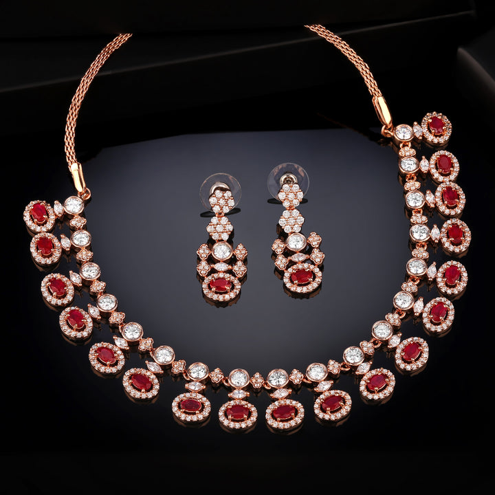 Estele Rose Gold Plated Plush with Ruby Stones dazzling Necklace Set for Women